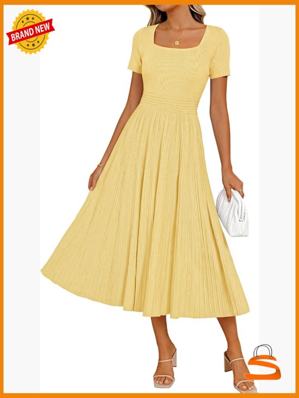 Pleated Midi Sweater Dress Square Neck Short Sleeve A-Line Business Casual